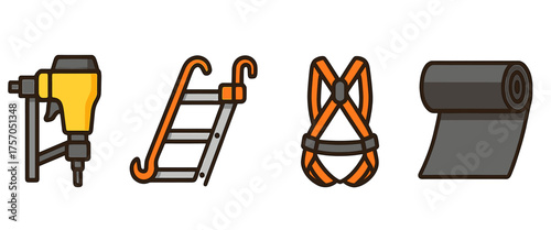 Construction tool icons: jackhammer ladder harness mat