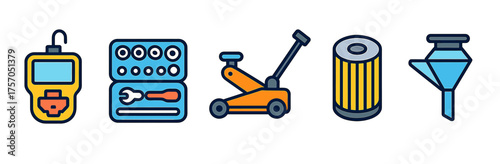 Car maintenance tools: diagnostic scanner, tool kit, jack, oil filter, funnel icons