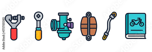 Bicycle repair tools and guidebook icons in colorful design