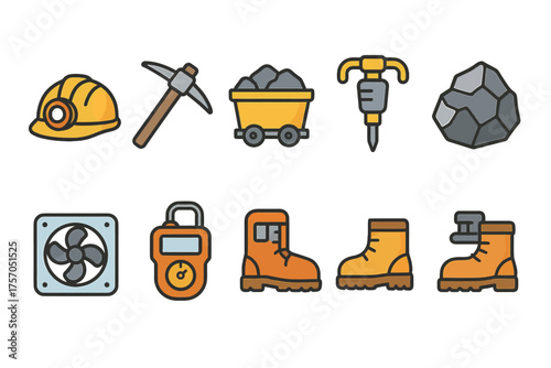 Mining equipment icons set featuring tools and safety gear