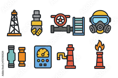 Oil and gas industry icons: drilling, safety equipment, pipelines, and gauges