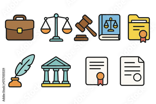 Legal icons set: briefcase, scales, gavel, book, folder, quill, courthouse, certificates