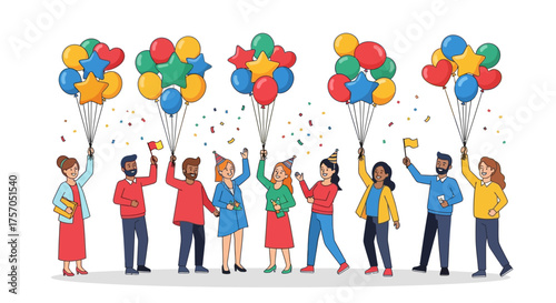 Celebrating Together Diverse Group of People Holding Balloons and Confetti at Festive Event