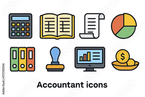 Colorful accountant icons with calculator, ledger, chart, and coin bowl illustrations