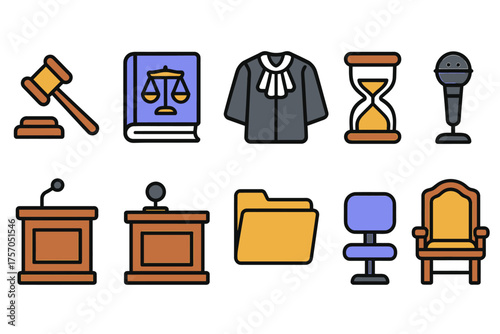 Legal icons set: gavel, scales, judge robe, hourglass, microphone, podium, folder, chair, throne