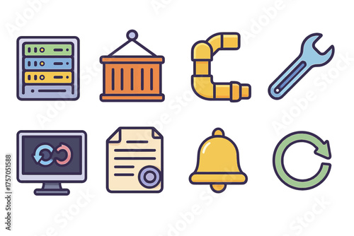 Set of eight technology and engineering icons including server, pipe, wrench, and refresh