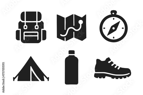 Camping essentials: backpack, map, compass, tent, bottle, boot icons