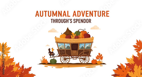 An illustrated stagecoach cart laden with a plentiful harvest of pumpkins and gourds, celebrating the splendor of the fall season