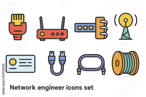 Network engineer icons set featuring ethernet, router, cable, antenna, fiber optics