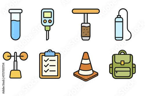 Collection of scientific and everyday icons including test tube and traffic cone