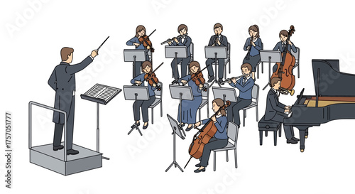 Orchestra illustration A conductor leading a musical ensemble with various instruments playing together