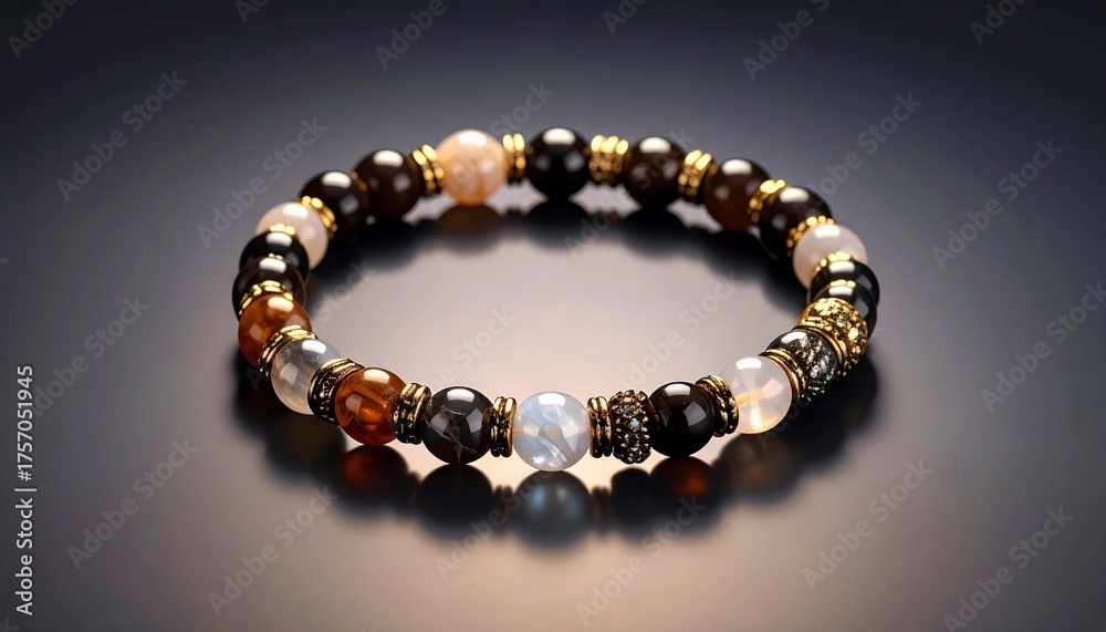 Obraz premium Elegant Beaded Bracelet with Earth Tones on a Reflective Surface