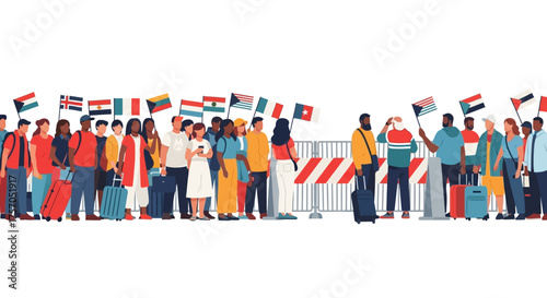 Crowd of diverse immigrants and refugees with international flags standing at a closed border control barricade