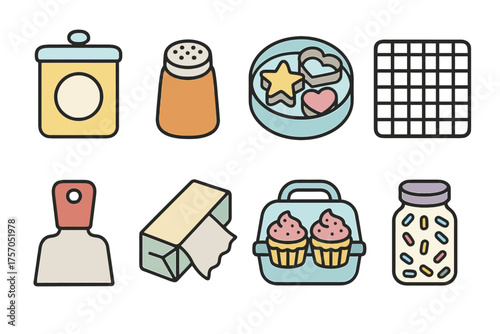 Colorful baking elements: jars, cookies, cupcakes, grater, butter, spatula, sprinkles