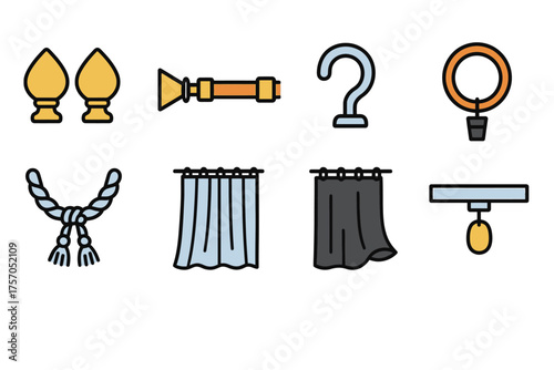 Colorful curtain accessories and hardware: hooks, rods, rings, tassels, and finials