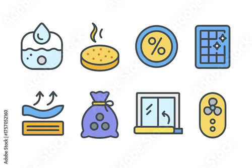 Home cleaning and maintenance icons set: sponge, window, air freshener, tiles, percentage sign