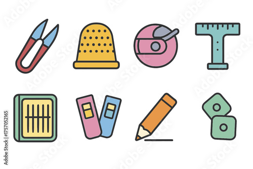 Colorful sewing tools collection featuring thimble, scissors, measuring tape, pencil, rotary cutter