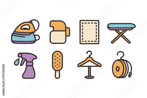 Household item icons: iron, detergent, clipboard, ironing board, spray bottle, ice cream, hangers, tape