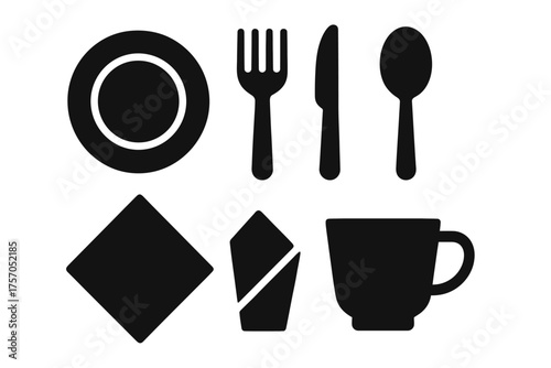 Silhouette of dining set with plate, utensils, and cup on white background