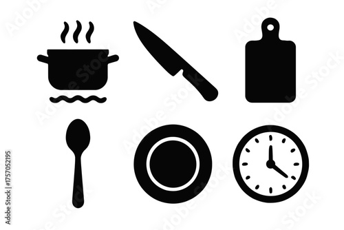 Set of kitchen utensil silhouettes: pot, knife, spoon, plate, cutting board, clock icons