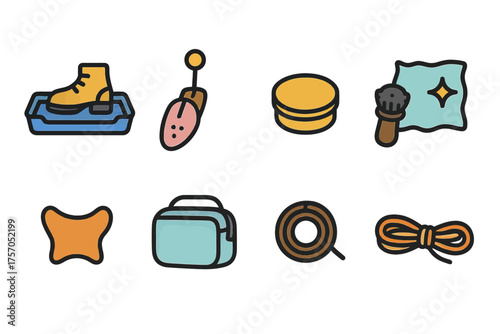 Colorful shoe care icons collection with brush, polish, and storage