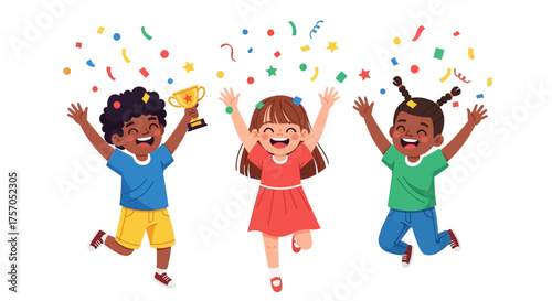 A cheerful group of diverse children jumping for joy, celebrating a victory with a trophy and confetti in a colorful vector illustration