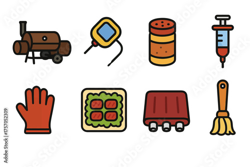 Barbecue tools and items: smoker, thermometer, seasoning, syringe, glove, meat, grill, brush icons