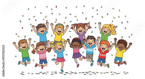 Joyful diverse children jump and celebrate with excitement, surrounded by colorful confetti, embodying friendship and achievement
