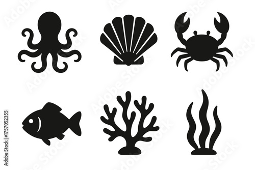 Silhouette icons of marine life: octopus, shell, crab, fish, coral, seaweed