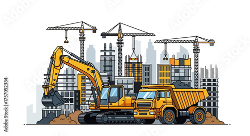 Yellow excavator heavy equipment project in big city