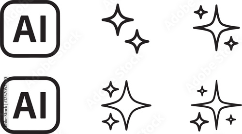 AI and Sparkle Icons Set Keywords: AI, artificial intelligence, sparkle, stars, shine, clean