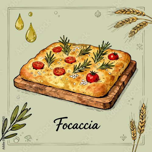 Delicious Focaccia Bread Topped with Cherry Tomatoes and Rosemary on a Wooden Board, Illustrated Food Art