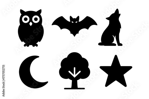Silhouette icons: owl, bat, howling wolf, crescent moon, tree, star