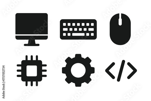 Tech icons: computer, keyboard, mouse, processor, gear, and code symbols