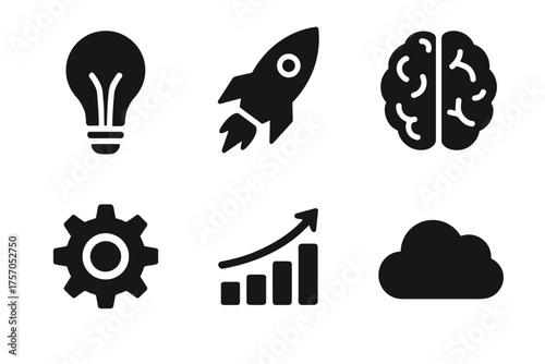 Innovative icons: lightbulb rocket brain gear graph cloud symbols