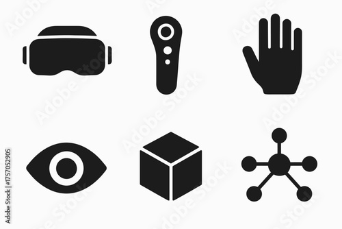 Virtual reality icons: headset, controller, hand, eye, cube, network node
