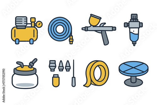 Air compressor tools and accessories: hose, spray gun, filter, nozzle set, tape, turntable