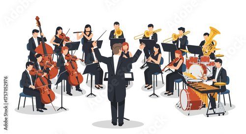 Illustration of a conductor leading an orchestra performing classical music on stage