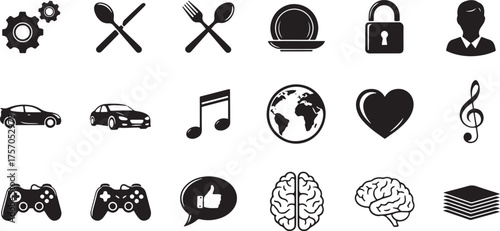 Assortment of black and white icons on white background