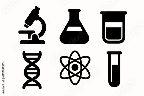 Science icons: microscope, flask, beaker, dna, atom, test tube symbols