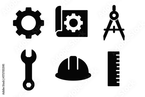 Set of engineering and construction icons: gear, blueprint, compass, wrench, hard hat, ruler