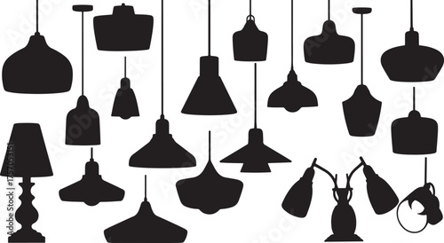 Assortment of Black Silhouette Pendant and Table Lamps