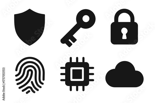 Security icons: shield, key, lock, fingerprint, chip, cloud