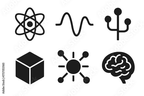 Abstract science icons set: atom, wave, network, cube, connections, brain