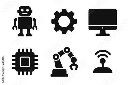 Technology icons set: robot, gear, monitor, chip, robotic arm, wifi symbol