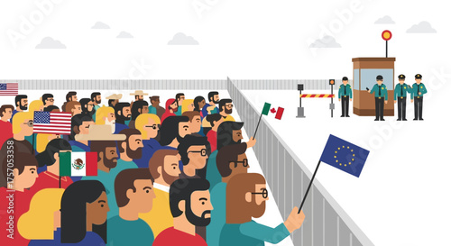 Border Control A Diverse Crowd Gathered at the Frontier, Symbolizing Immigration Challenges