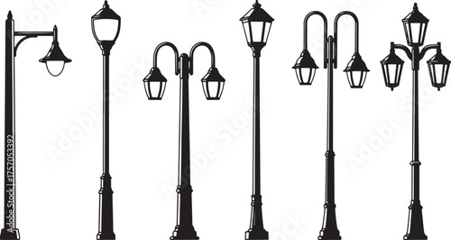 Assortment of Vintage Street Lamp Silhouettes Keywords: street lamp, lamp post, lighting