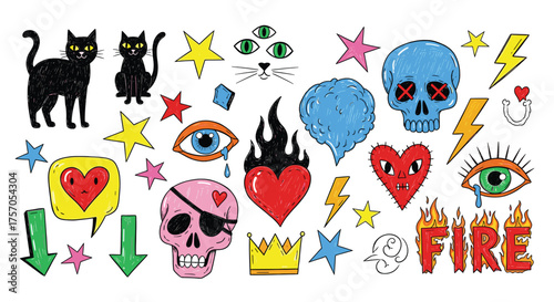 A collection of quirky and colorful doodles, featuring cats, stars, skulls, hearts, eyes, lightning bolts, and the word fire