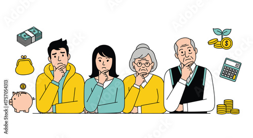 Family financial planning with diverse generations contemplating money, savings, and investments for secure future and retirement