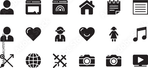 Collection of 20 black simple icons on white background Keywords: icon, set, user, profile